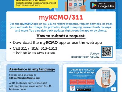Image shows how to submit a request, ask for language assistance, or download the city services app