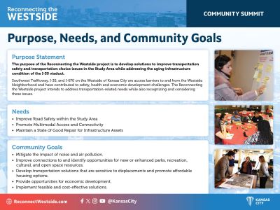 Image shows information on the Purpose, Needs, and Community Goals for this project