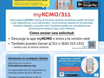 La imagen muestra cómo enviar una solicitud, solicitar asistencia lingüística o descargar la aplicación de servicios municipales.